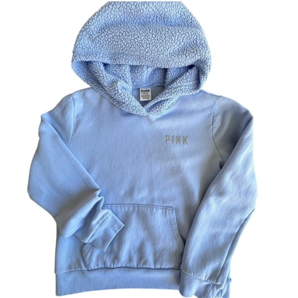 PINK Victoria's Secret Sherpa Lined Hoodie Light Blue Fleece‎ Pullover Size L